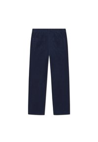 Pantaloni de corduroy navy cu un design drept, având două buzunare la spate și o textură verticală cu rigle.