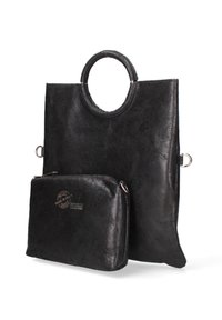 Zwarte leren draagtas met een ronde handgreep, voorzien van een afneembare ritstas. Soepele textuur, minimale hardware en een subtiele logodetail.