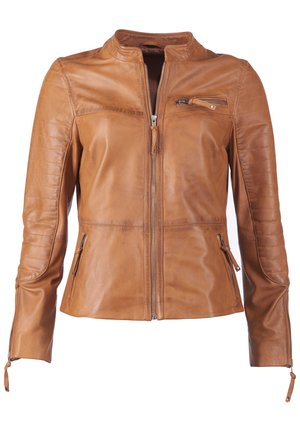 Veste en cuir tan avec un col montant, fermeture éclair à l'avant, deux poches latérales et une poche poitrine. Présente des détails matelassés sur les manches.
