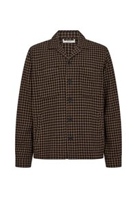 Brun og tanternet jakke med krave, knapper foran, to brystlommer og lange ærmer. Fremstillet af tekstureret stof.