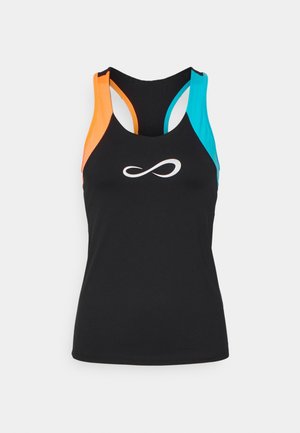 Zwarte racerback sporttop zonder mouwen met oranje en blauwe schouderaccenten en een wit oneindigheidssymbool op de borst.