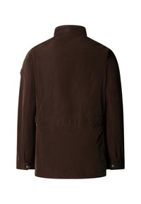 Mørkebrun langærmet jakke med høj krave, knaplukninger ved ærmerne og en talje-syning, vist fra ryggen.