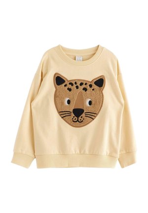 Beige, lange mouw, kinderpullover met een grote, getextureerde luipaardgezichtsapplicatie met zwarte vlekken en ogen aan de voorkant.