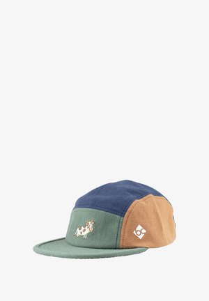 Kappe mit einem mehrfarbigen Design, das navyblaue, grüne und braune Abschnitte umfasst. Auf der Vorderseite befindet sich eine Kuh-Stickerei und ein flacher Schirm.