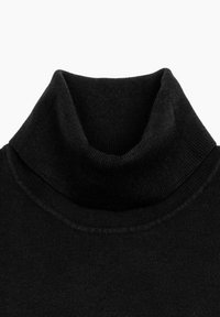 Maglione nero a collo alto con colletto e orlo a coste. Il tessuto è liscio, di media densità e con un design aderente.