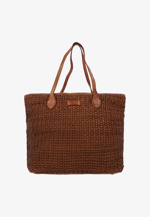 Brown woven leather tote bag with two long handles and a small rectangular leather patch on front.