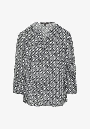 Zwart-wit gestreepte blouse met een V-hals, driekwart mouwen en een ontspannen pasvorm. Bevat een herhalend ovaal logo ontwerp.