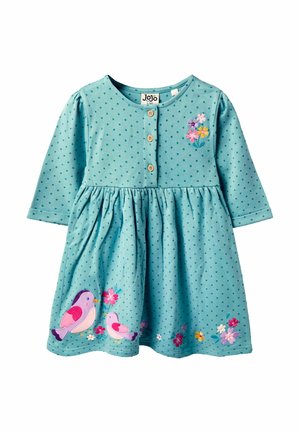 Türkises langärmliges Kleid mit Punkten, knöpfbarer Vorderseite, geraffter Taille und bestickten Vögeln und Blumen am Saum. Aus Baumwollstoff.