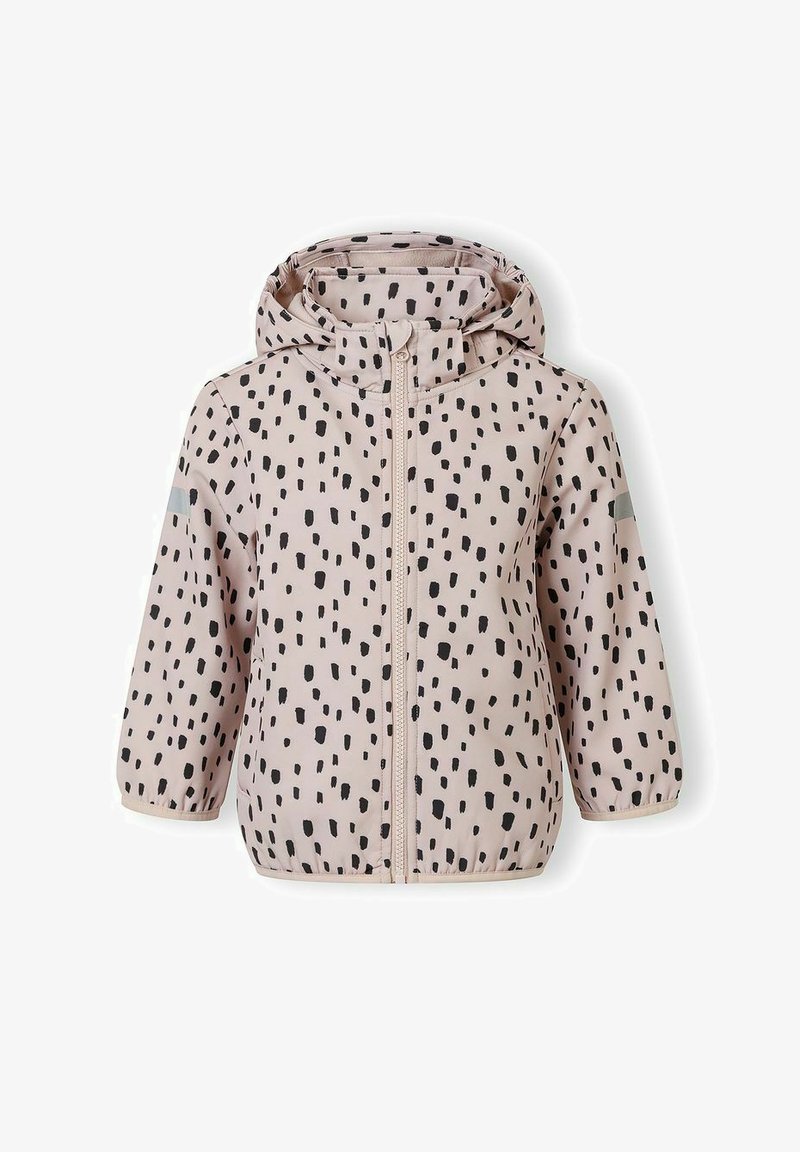 Veste à capuche pour enfants de couleur rose clair avec des points noirs irréguliers, fermeture éclair frontale, poignets élastiques et patchs réfléchissants sur les manches.