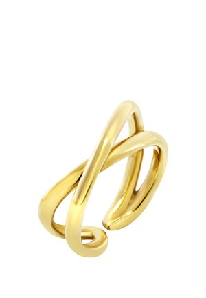 Goldfarbener Ring aus poliertem Metall mit fließenden, ineinander verschlungenen offenen Bändern, die ein modernes, abstraktes Design bilden.