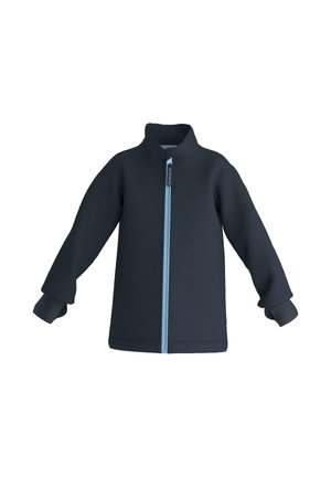 Tumma laivastonsininen fleece-takki, jossa pitkät hihat, vaaleansininen etuvetoketju ja korkea kaulus, esitetty tasaisesti valkoisella taustalla.