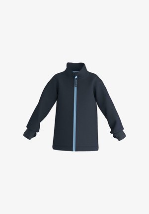 Tumma laivastonsininen fleece-takki, jossa pitkät hihat, vaaleansininen etuvetoketju ja korkea kaulus, esitetty tasaisesti valkoisella taustalla.