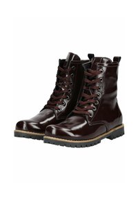 Botas de tobillo de cuero burdeos con acabado brillante, puntera redonda, diseño de cordones y suela de goma negra resistente con agarre texturizado.