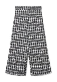 Pantalon à jambes larges à motif à carreaux noir et blanc, avec un tissu texturé et une taille haute. Coupe ajustée sans fermetures visibles.