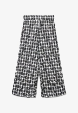 Hose mit weitem Bein in einem schwarz-weißen Karomuster, gefertigt aus strukturiertem Stoff und mit einem hohen Bund. Maßgeschneiderte Passform ohne sichtbare Verschlüsse.