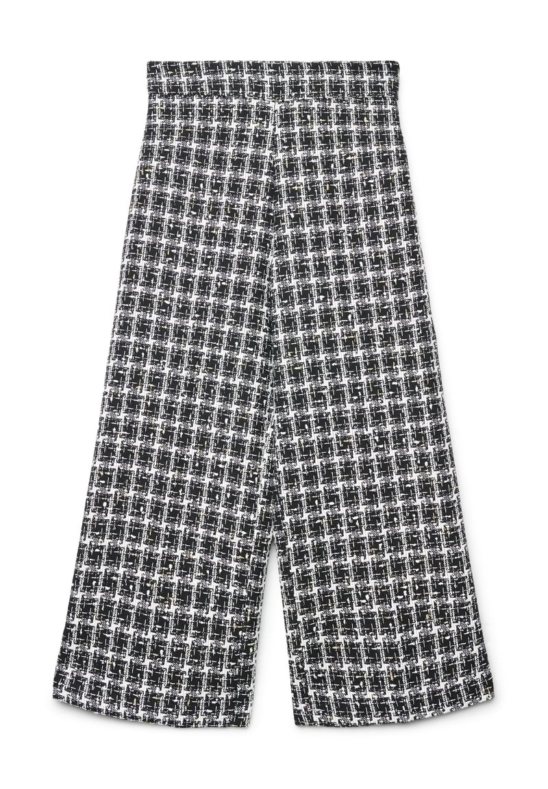 Pantalon à jambes larges à motif à carreaux noir et blanc, avec un tissu texturé et une taille haute. Coupe ajustée sans fermetures visibles.