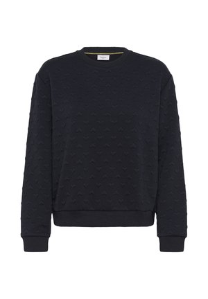 Pull noir à manches longues avec col rond, motif de cœur en relief et poignets et ourlet côtelés.