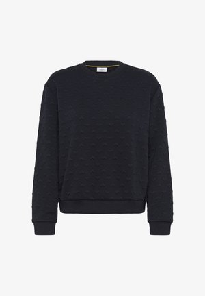 Čierny sveter s dlhými rukávmi a okrúhlym výstrihom, s reliéfnym vzorom srdca a žebrovanými manžetami a lemom.