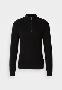 Black knit sweater with a high collar, featuring a half-zip closure, ribbed texture, and fitted cuffs and hem. Simple, functional design.