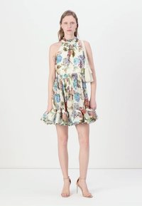 Robe à imprimé floral avec un col halter, un buste ajusté et une jupe évasée. Caractérisée par un ourlet à volants, elle est principalement crème avec des motifs de fleurs colorées.