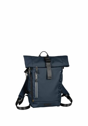 Navy blue roll-top backpack with black buckle, front vertical zip pocket, padded straps, and subtle black text on the side.