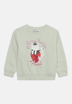 Lichtgroen shirt met lange mouwen met een glimlachende witte kat die een glinsterende rode aardbei omhelst en de tekst "Strawberry Thief" aan de voorkant.