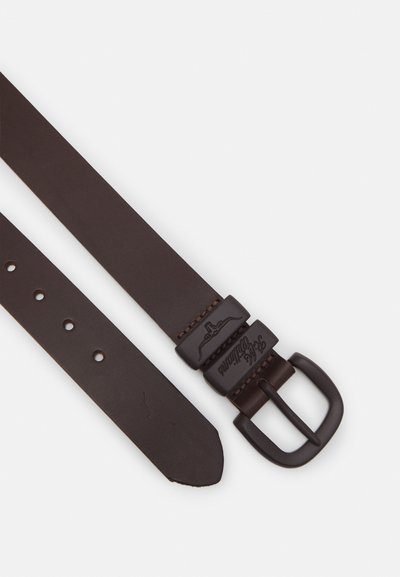 Brown leather belt with a smooth texture, featuring a rectangular metal buckle and multiple adjustment holes. Notable branding on the buckle.