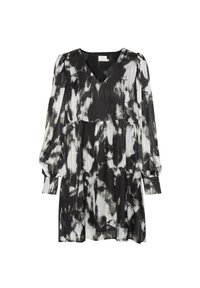 Robe plissée noire et blanche avec un décolleté en V, de longues manches bouffantes, des motifs abstraits et une silhouette fluide.