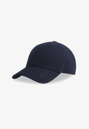 Navy blue baseball cap, made of cotton, featuring a curved brim, six-panel design, and ventilation holes along the crown.