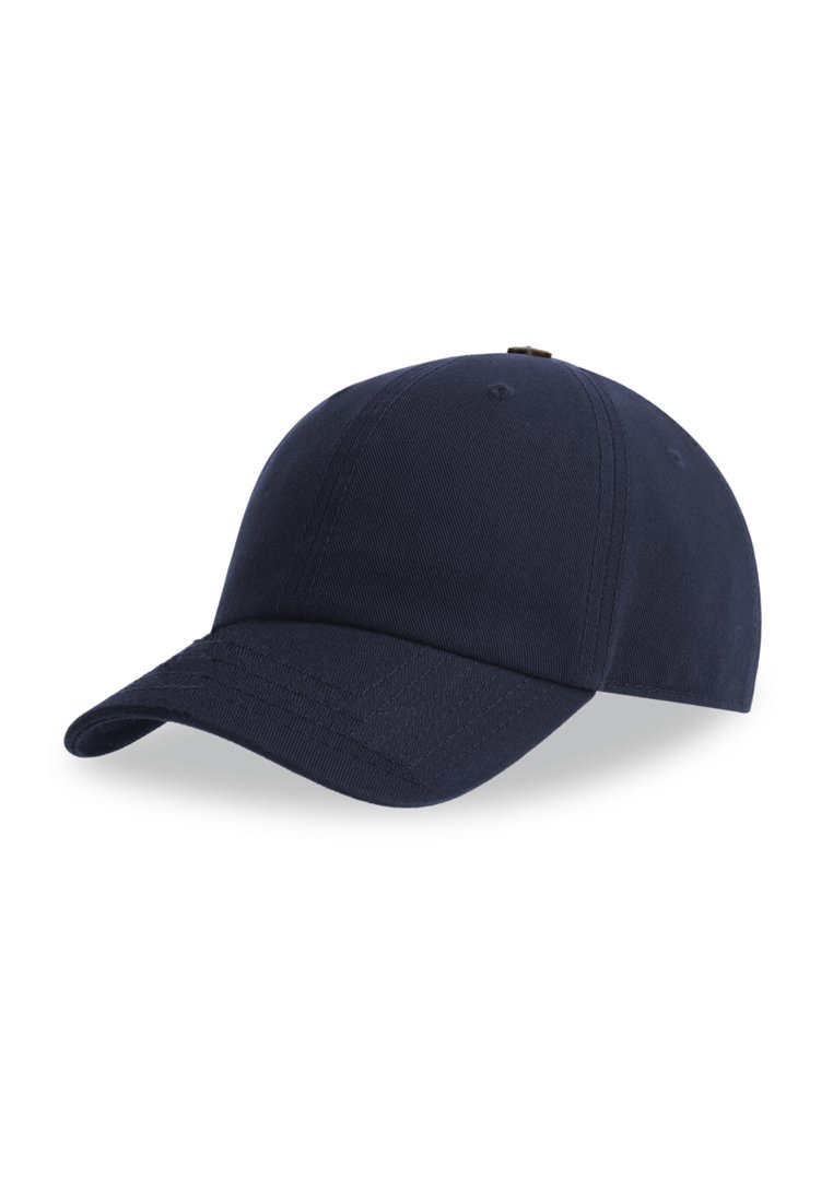 Marineblaue Baseballmütze aus Baumwolle, mit einem gebogenen Schild, sechsteiligem Design und Belüftungslöchern entlang der Krone.