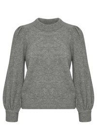 Szary sweter dziany z prążkowanym okrągłym dekoltem, bufkami na długich rękawach i dopasowanym, prążkowanym brzegiem. Miękka tekstura, casualowy design.