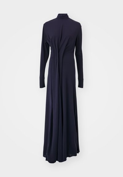 Navy long-sleeve dress with a high neck, made from smooth fabric, featuring a central drape detail and full-length skirt.