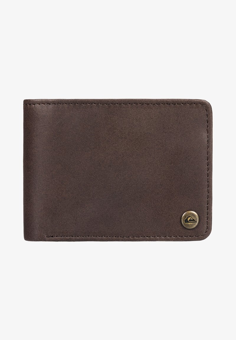 Brown leather wallet with a textured surface, stitched edges, and a metal branded logo accent on the bottom right corner.