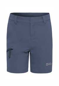 Pantalones cortos para hombre en azul oscuro, fabricados con un tejido elástico. Presentan un bolsillo con cremallera lateral, trabillas para cinturón y un logotipo en la parte frontal.