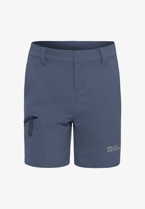 Șorturi pentru bărbați, de culoare albastră închisă, realizate dintr-un material elastic. Au un buzunar cu fermoar pe lateral, bucle pentru curea și un logo pe față.