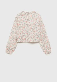 Cropped blouse floreale in tessuto leggero con maniche a sbuffo lunghe, caratterizzata da uno sfondo bianco, fiori rosa e blu, e un dettaglio a chiave sul retro.