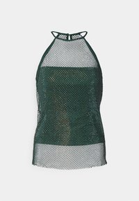 Mørkegrønn mesh halterneck-top med scoop-halslinje og kryssrygg. Har en løs passform og åpen vevemønster for pusteevne.