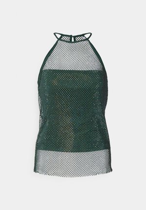 Tamsiai žalia tinklinė halterio palaidinė su apvalia iškirpte ir kryžminiu nugaros dizainu. Yra laisvas kirpimas ir atvira audimo struktūra, skirta oro pralaidumui.