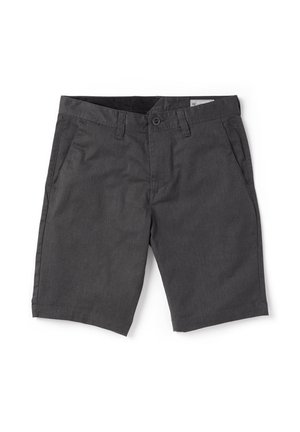 Pantaloncini grigio scuro fino al ginocchio con bottone frontale, cerniera e tasche laterali, disposti su uno sfondo bianco.