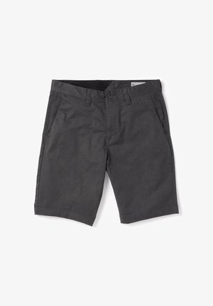 Pantaloncini grigio scuro fino al ginocchio con bottone frontale, cerniera e tasche laterali, disposti su uno sfondo bianco.