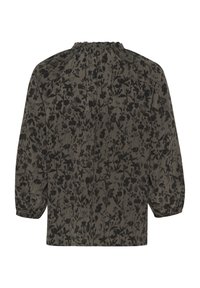 Blouse à motif floral en tissu gris foncé, avec un col froncé et des manches ballon. La texture semble côtelée.