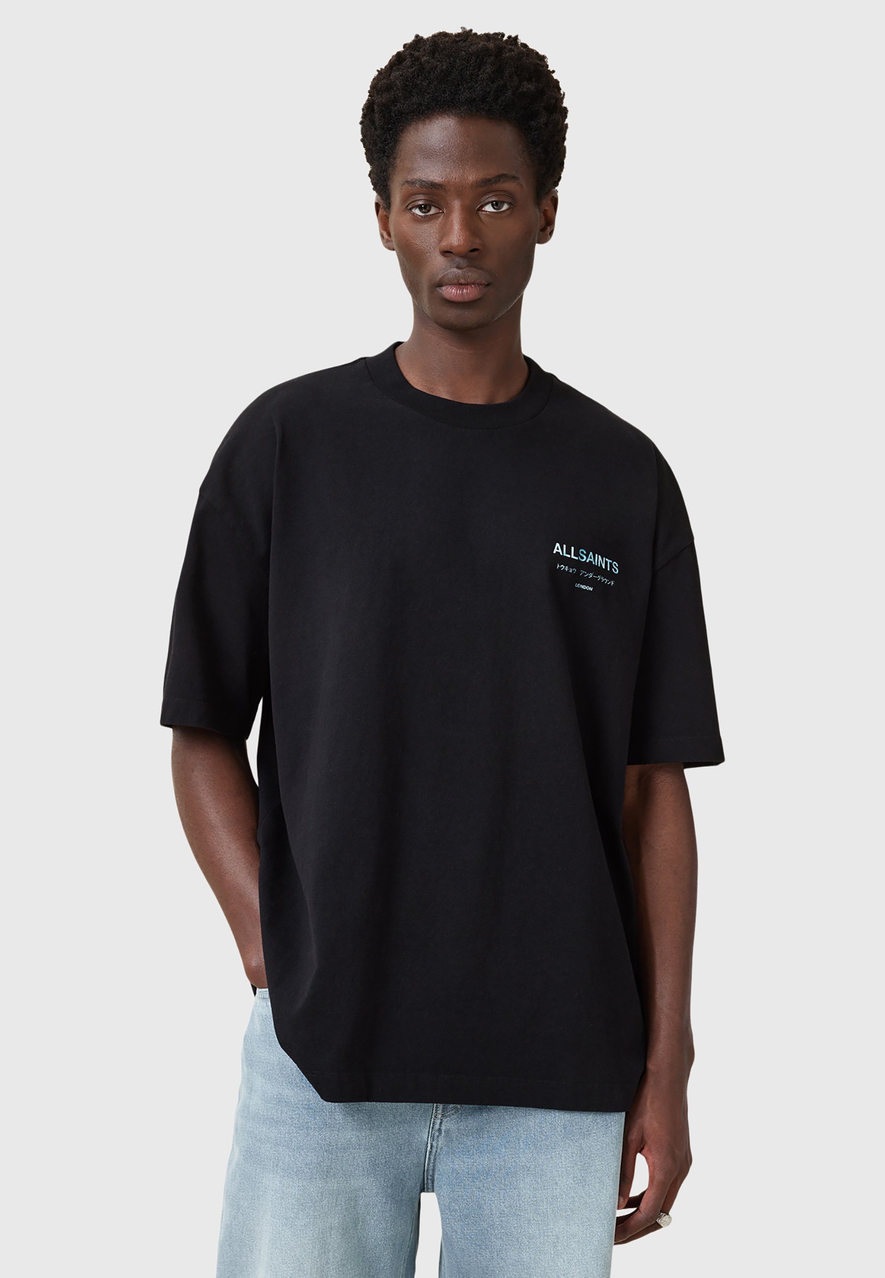 AllSaints UNDERGROUND CREW - Print T-shirt - jet black blue/black