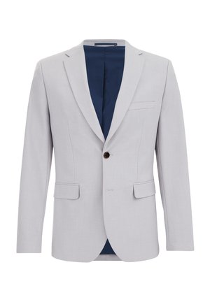 Lichtgrijze blazer van textuurstof, met een notcheslagel, enkele knoopsluiting en een marineblauwe voering. Twee voorkruisen.