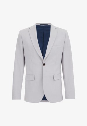 Sacou gri deschis dintr-un material texturat, având rever cu decupaj, închidere cu un singur nasture și căptușeală interioară bleumarin. Două buzunare frontale.
