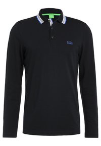 Black long-sleeve polo shirt made of cotton, featuring a striped collar with blue, gray, and white, and a small blue logo on the chest.