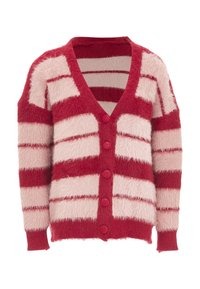 Cardigan a righe rosse e rosa, realizzato in materiale soffice, con scollatura a V, maniche lunghe e cinque bottoni sul davanti.