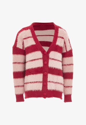 Piros és rózsaszín csíkos kardigán, bolyhosszerű anyagból, V-nyakkivágással, hosszú ujjakkal és öt gombbal az elején.