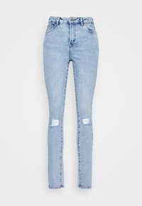 Jeans de cintura alta de um azul claro, feitos de denim, com um corte justo, ligeira elasticidade e dois rasgos nos joelhos para um detalhe extra.