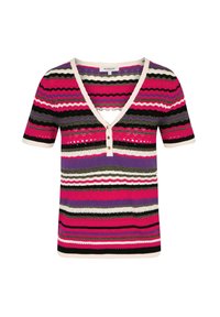 Short-sleeve v-neck top featuring a multi-colored striped pattern with pink, black, green, and grey. Includes three buttons at the front.