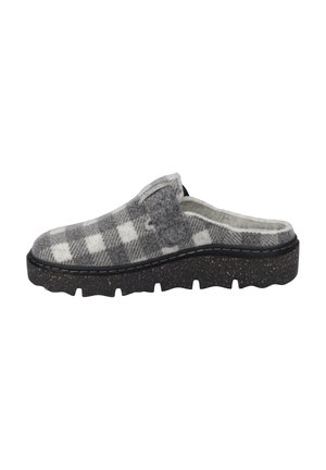Gray wool slip-on clog with a checkered pattern, fuzzy interior, and a black textured sole featuring ridges for grip.